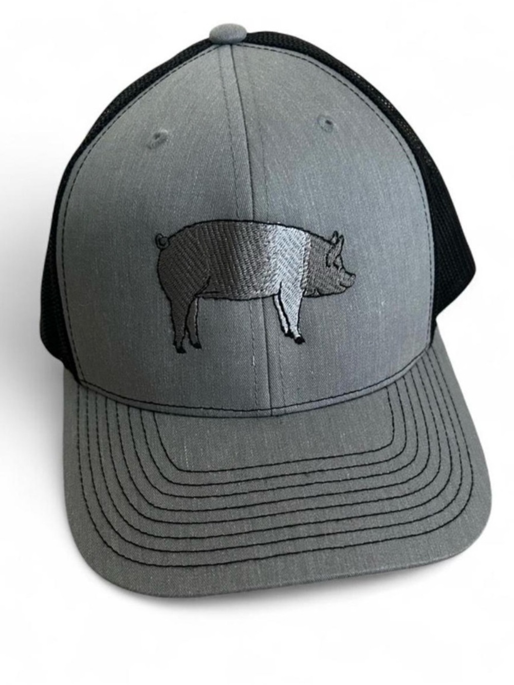 Gray Trucker Hat with Embroidered Pig